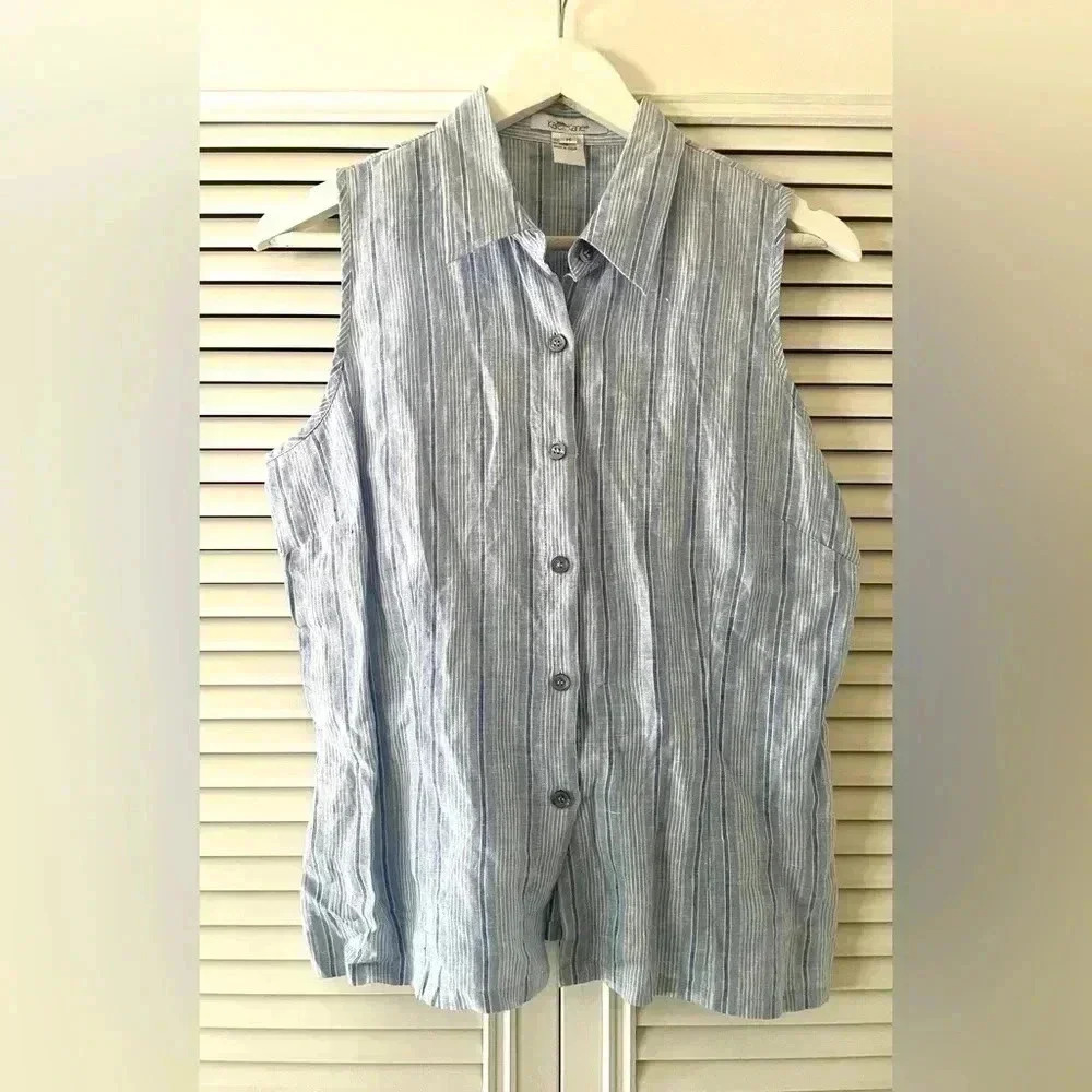 Karen Kane Women’s Blue & White Striped Linen Sleeveless Shirt SZ M